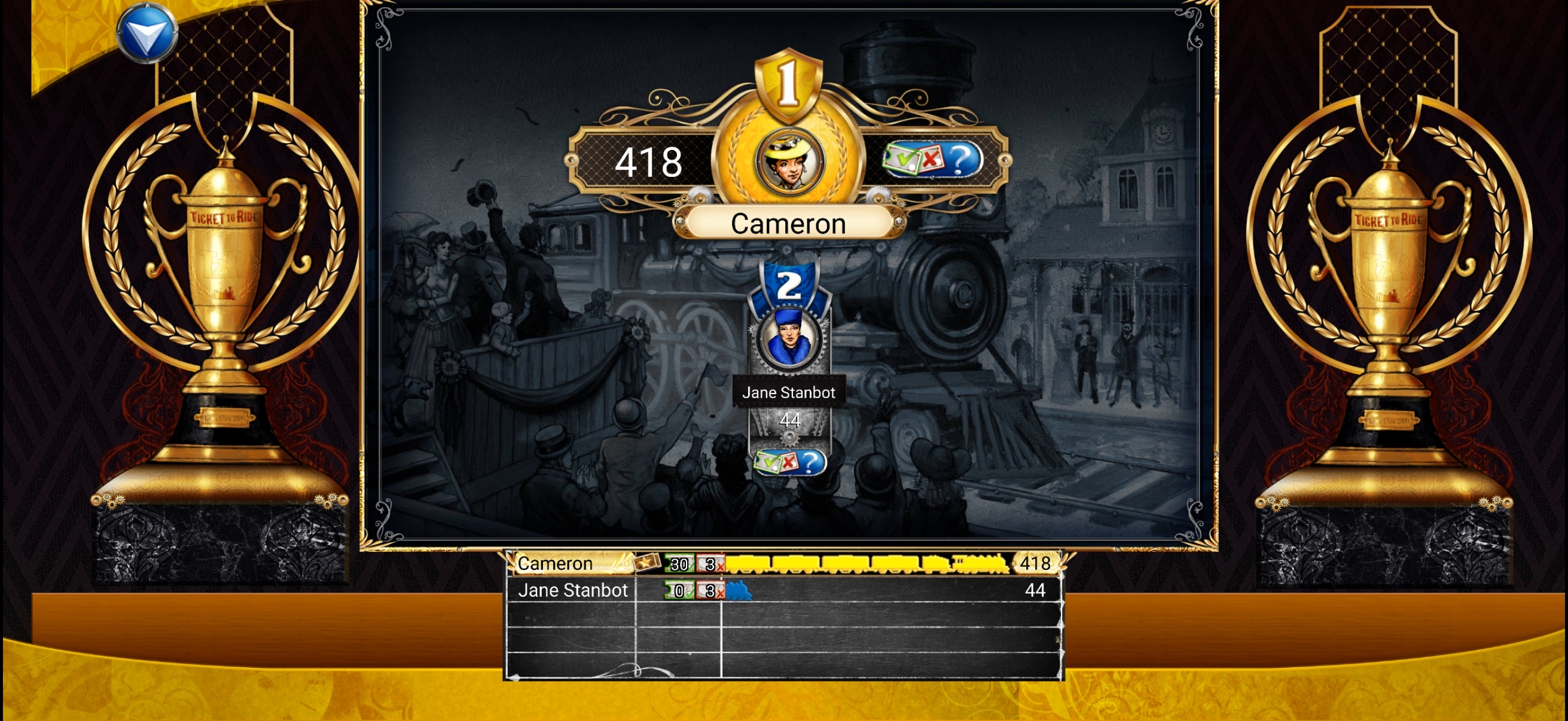 Ticket to Ride win screen — Cameron 418, Jane Stanbot 44